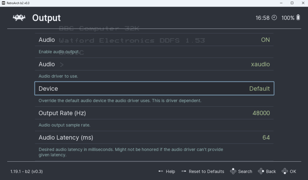 Menu des paramètres audio de RetroArch.