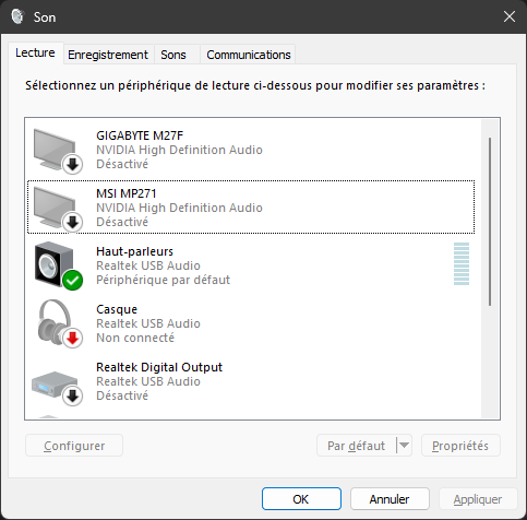 Fenêtre des paramètres de son Windows.